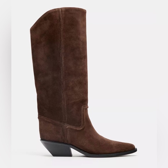 ZARA SPLIT LEATHER SUEDE BROWN HEELED COWBOY BOOTS - Picture 2 of 6